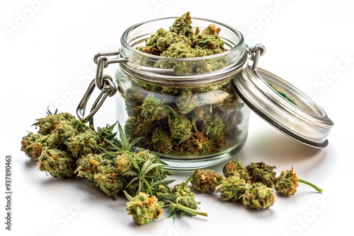 A glass jar containing a heap of dried green marijuana buds with a few fresh leaves scattered alongside, set against a plain white background.