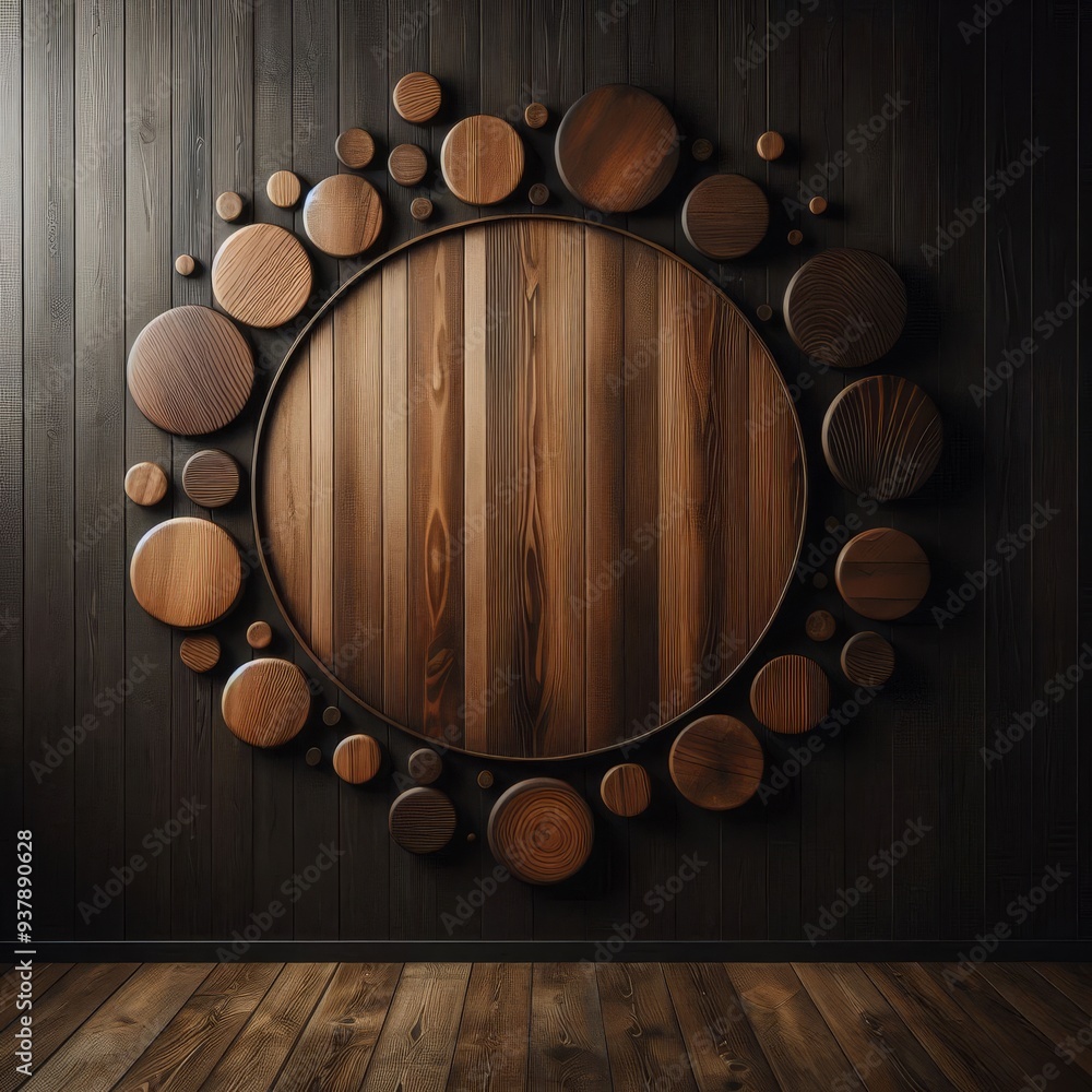 A dark wood wall with a wooden background with a few small circles on the bottom
A dark wood wall with a wooden background with a few small circles on the bottom