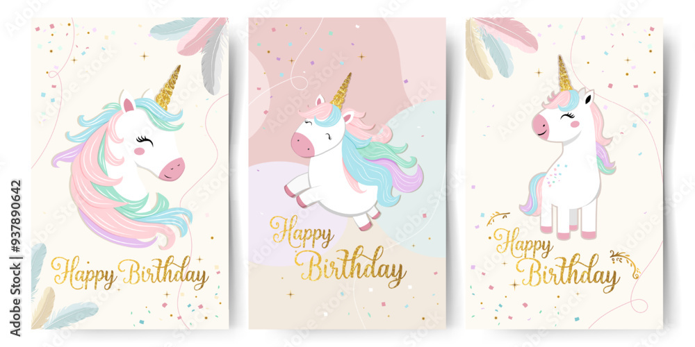 Set of Happy birthday cards with cute unicorn and golden phrase. Gentle templates, frames. Golden horn Set of Happy birthday cards with cute unicorn and golden phrase. Gentle templates, frames. Golden horn
