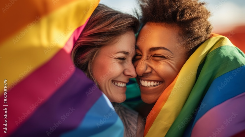 Happy, couple and lesbian with women in selfie, pride flag and lgbt relationship with love and happiness. Neural network ai generated art Happy, couple and lesbian with women in selfie, pride flag and lgbt relationship with love and happiness. Neural network ai generated art