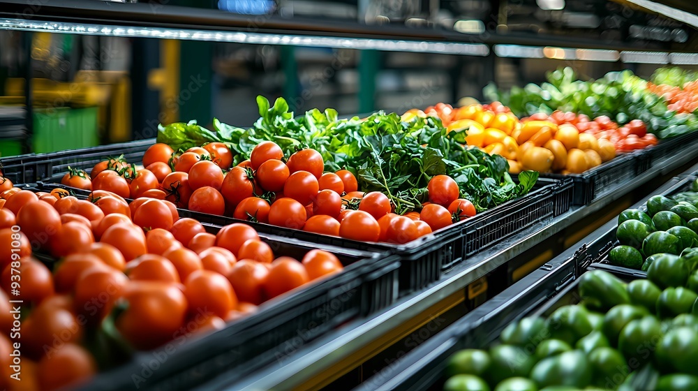 Fresh and vibrant vegetables lined up in a market display, showcasing a colorful array of tomatoes, greens, and other produce. Fresh and vibrant vegetables lined up in a market display, showcasing a colorful array of tomatoes, greens, and other produce.