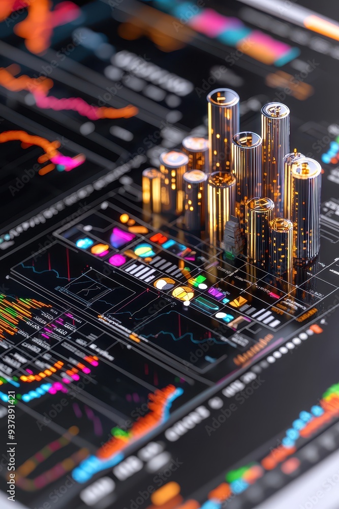 Fototapeta premium Financial Growth Concept Skyscraper Model on Tablet with Data Charts