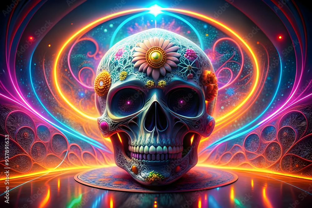 3D Glowing Calavera Skull in Abstract Digital Light concept as A vibrant digital artwork featuring a glowing calavera skull surrounded by swirling neon lights and abstract patterns representing the sp 3D Glowing Calavera Skull in Abstract Digital Light concept as A vibrant digital artwork featuring a glowing calavera skull surrounded by swirling neon lights and abstract patterns representing the sp
