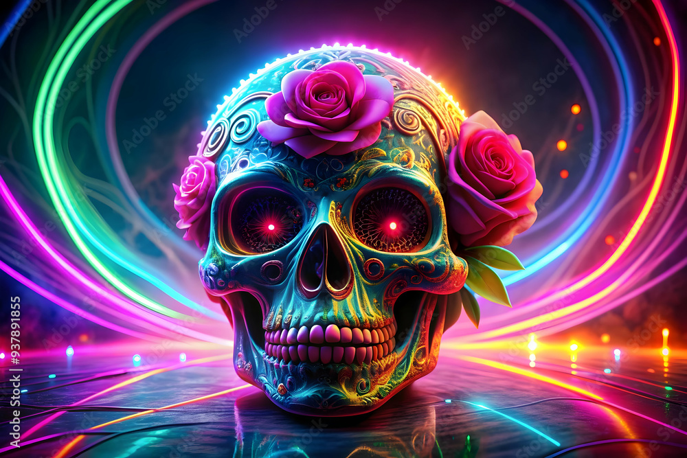 3D Glowing Calavera with Neon Rose in Digital Space concept as A digital artwork featuring a glowing calavera with a neon rose set against an abstract background with swirling patterns representing th 3D Glowing Calavera with Neon Rose in Digital Space concept as A digital artwork featuring a glowing calavera with a neon rose set against an abstract background with swirling patterns representing th