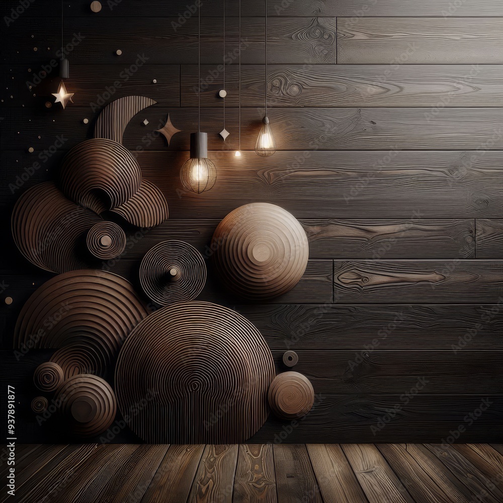 Fototapeta premium A dark wood wall with a wooden background with a few small circles on the bottom