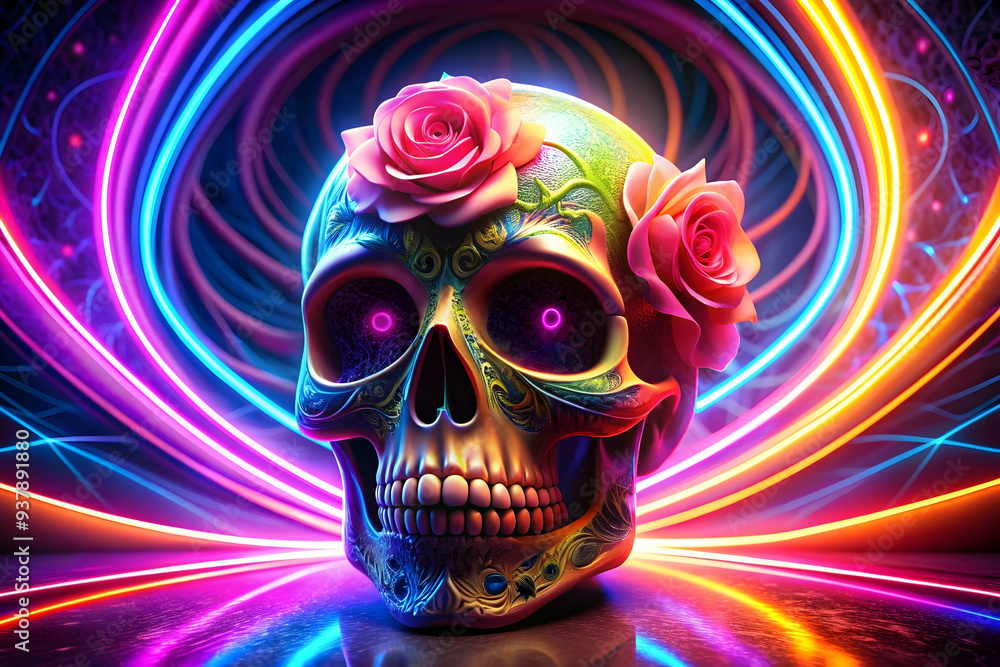3D Glowing Calavera with Neon Rose in Digital Space concept as A digital artwork featuring a glowing calavera with a neon rose set against an abstract background with swirling patterns representing th 3D Glowing Calavera with Neon Rose in Digital Space concept as A digital artwork featuring a glowing calavera with a neon rose set against an abstract background with swirling patterns representing th