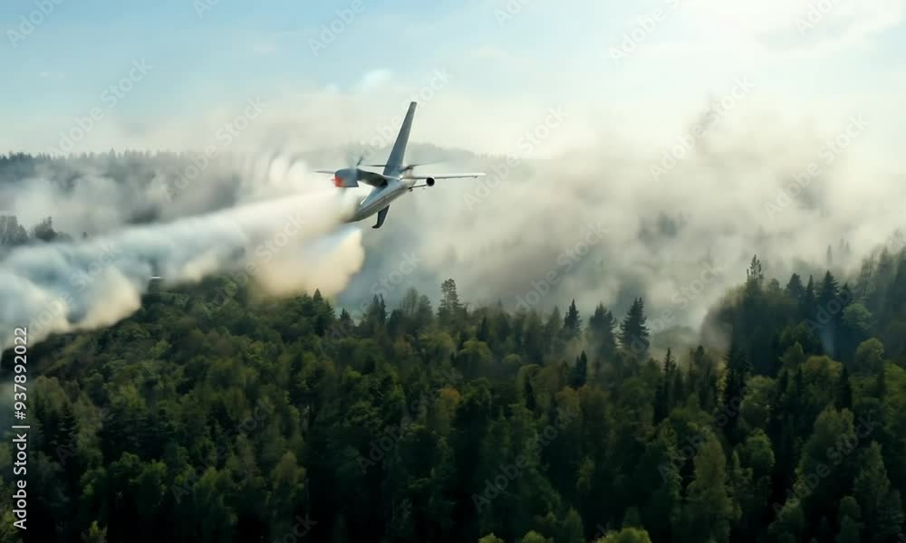 A propeller plane is seen spraying water over a forest, depicting aerial firefighting efforts to combat wildfires A propeller plane is seen spraying water over a forest, depicting aerial firefighting efforts to combat wildfires
