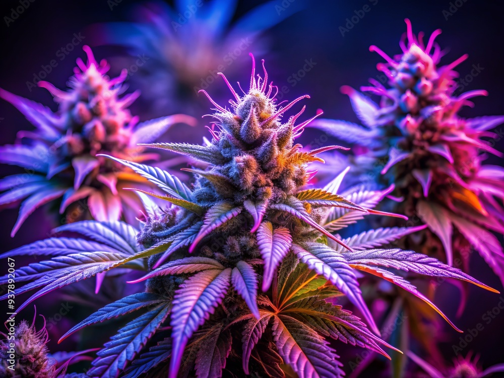 Vibrant cannabis buds illuminated by purple LED lighting, showcasing dense trichomes and intricate leaf structures, against a dark background, exuding a sense of luxury and potency. Vibrant cannabis buds illuminated by purple LED lighting, showcasing dense trichomes and intricate leaf structures, against a dark background, exuding a sense of luxury and potency.