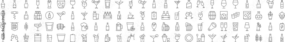 Pack of Beverage Related Line Icons. Editable Stroke for Design, Web Sites, Apps, Cards. Contains Linear Images of Beer, Coffee, Cocktail Pack of Beverage Related Line Icons. Editable Stroke for Design, Web Sites, Apps, Cards. Contains Linear Images of Beer, Coffee, Cocktail
