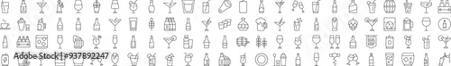 Collection of Beverage Related Line Icons. Editable Stroke for Design, Web Sites, Apps, Cards. Contains Linear Images of Beer, Coffee, Cocktail