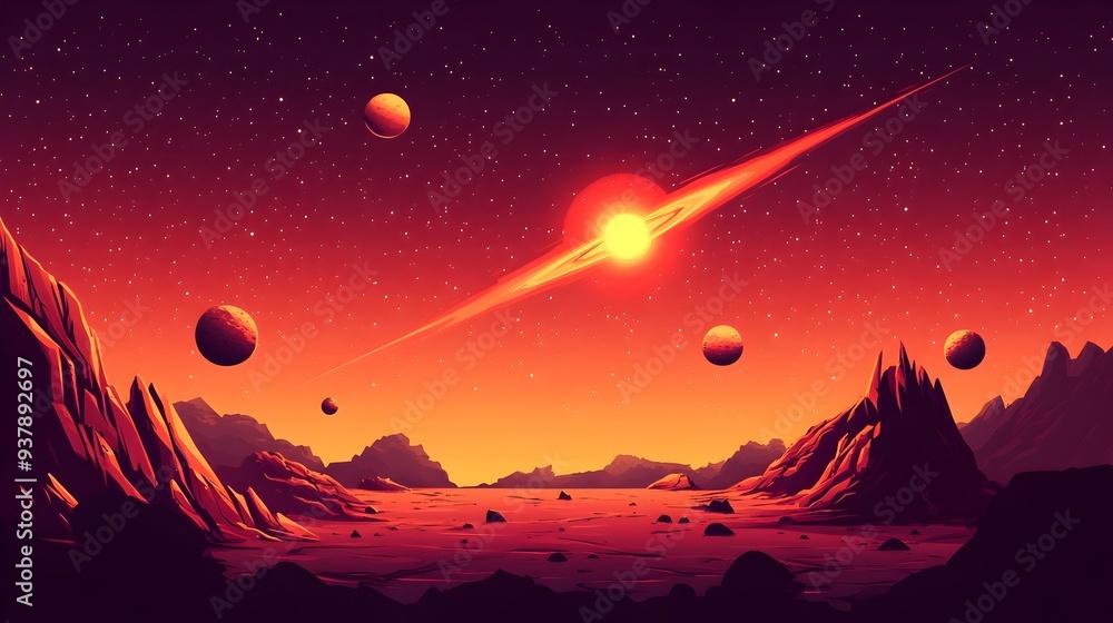 Fototapeta premium Rogue Star Drifting into Planetary System,Gravitational Forces Pulling Planets Away in Fiery Red Landscape