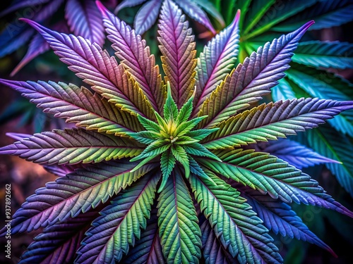 Vibrant green and purple hues dance across the intricate, hyper-detailed leaf of a lush marijuana plant, showcasing its delicate veins and serrated edges. photo