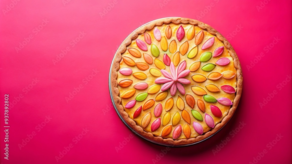 Colorful top view of Epiphany frangipane cake on pink background, Epiphany, frangipane, cake, colorful, top view, vibrant Colorful top view of Epiphany frangipane cake on pink background, Epiphany, frangipane, cake, colorful, top view, vibrant