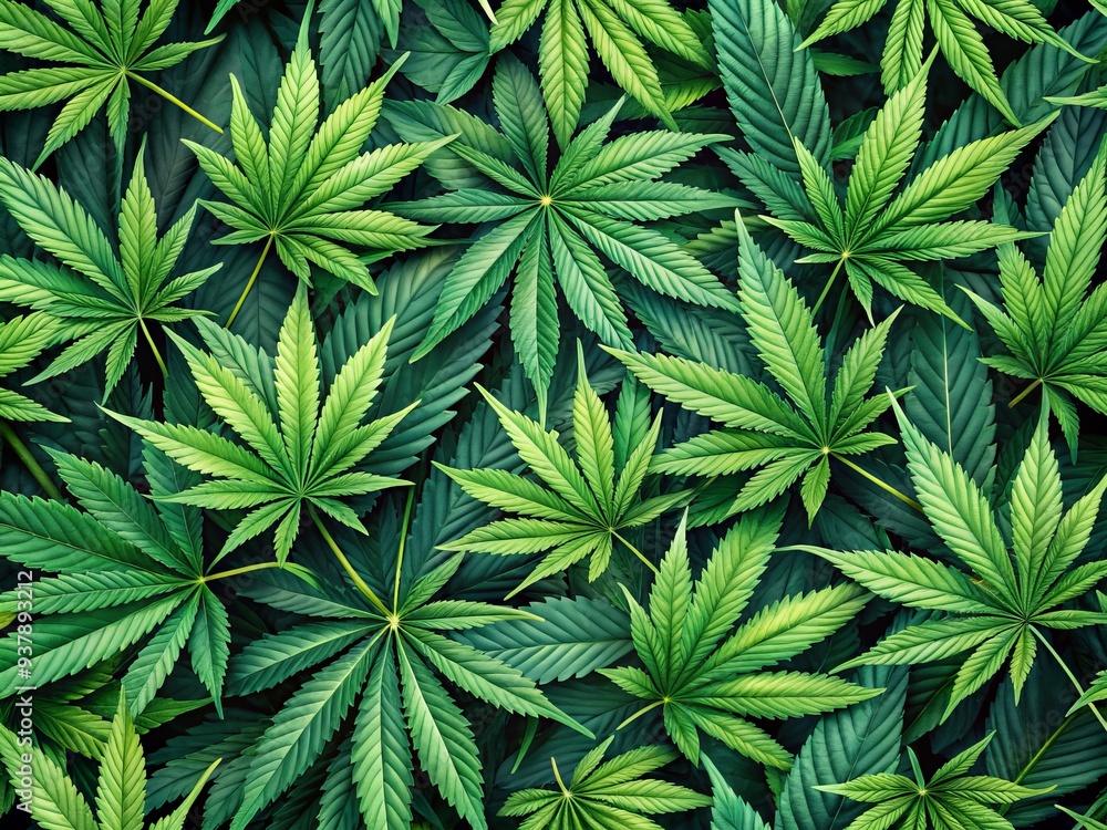 Vibrant green cannabis leaves arrange in a seamless repeating pattern, showcasing the plant's intricate veins and leaflets, creating a stunning natural design element. Vibrant green cannabis leaves arrange in a seamless repeating pattern, showcasing the plant's intricate veins and leaflets, creating a stunning natural design element.