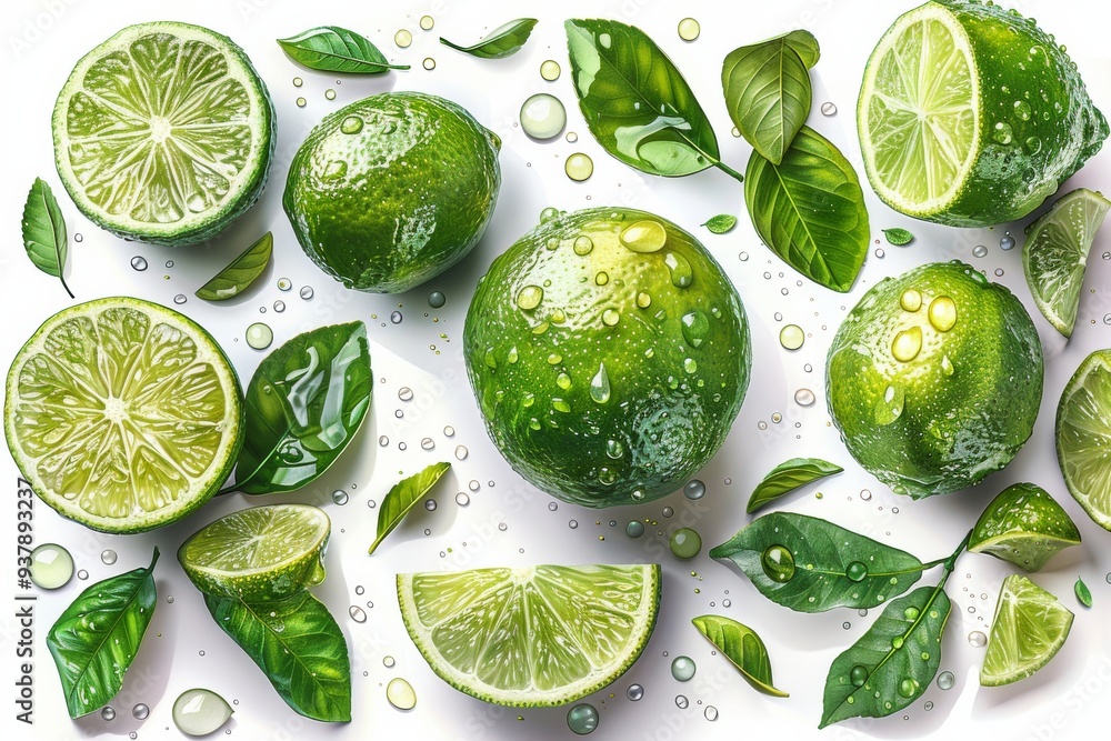 Lime and half slices suspended in the air with green leaves with water. Generative AI Lime and half slices suspended in the air with green leaves with water. Generative AI