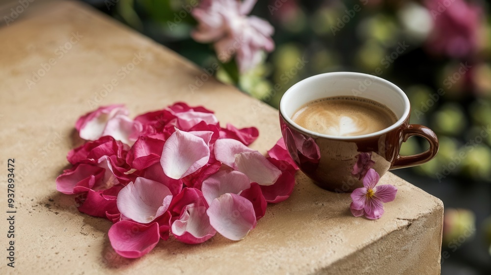 A cup of coffee sits on a table with a pile of pink petals A cup of coffee sits on a table with a pile of pink petals