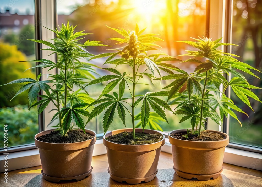 Fototapeta premium Three lush green cannabis plants in a flower pot sit on a sunny window sill, their leaves and buds thriving in a cozy home environment.