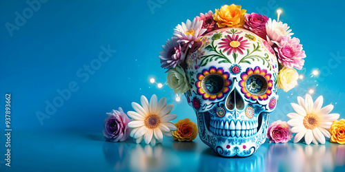 3D Glowing Sugar Skull with Digital Floral Patterns concept as A digital composition featuring a glowing sugar skull surrounded by intricate floral patterns in an abstract style representing the beaut