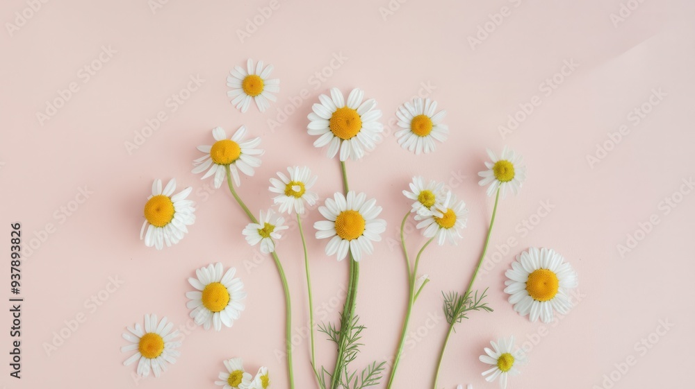 Fototapeta premium A bunch of white daisies are scattered across a pink background