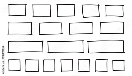 Free outline hand drawn vector squares, rectangles different sizes. Scribble rectangular frames set. Freehand square borders. Text highlight underline. 