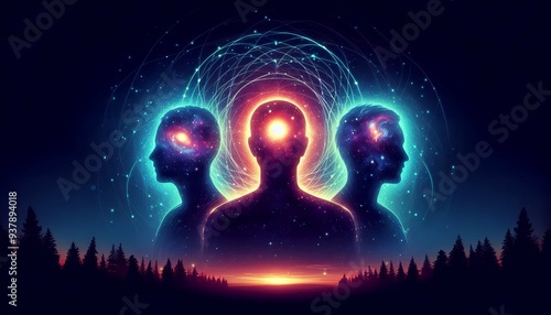 Abstract representation of internal meditation, capturing a surreal hallucination against a vivid cosmic backdrop, exploring the depths of the human mind.