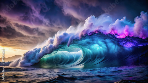 A powerful ocean wave with purple splashes rises above the water.