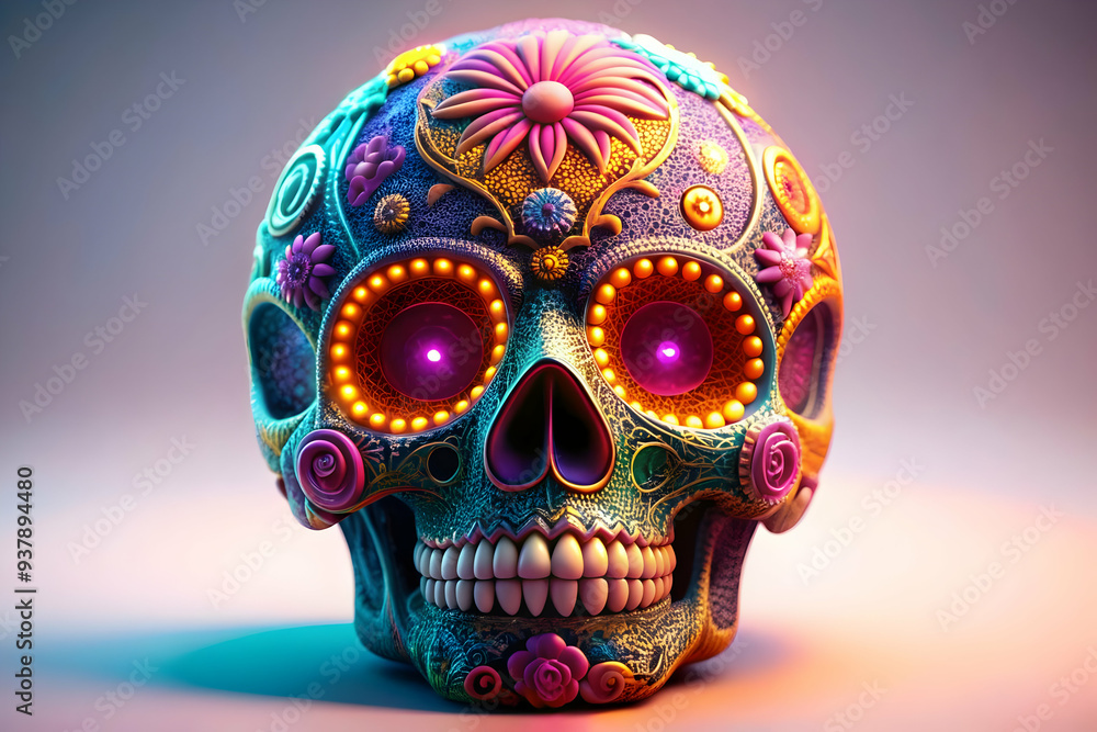 3D Glowing Sugar Skull with Neon Patterns concept as A digital artwork showcasing a glowing sugar skull with intricate neon patterns swirling around it set against an abstract digital background repre