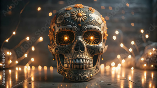 3D Glowing Sugar Skull with Neon Patterns concept as A digital artwork showcasing a glowing sugar skull with intricate neon patterns swirling around it set against an abstract digital background repre