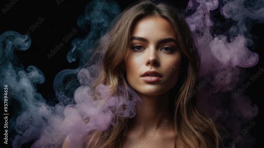 A woman with long brown hair stands in front of a cloud of purple smoke A woman with long brown hair stands in front of a cloud of purple smoke
