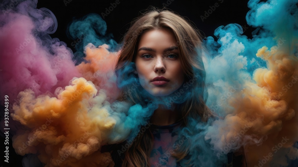 A woman is standing in front of a cloud of colorful smoke A woman is standing in front of a cloud of colorful smoke