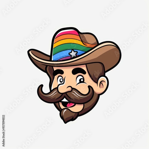 A vibrant logo featuring a whimsical cowboy, complete with a bold mustache, designed in a unique Picassoesque style. photo