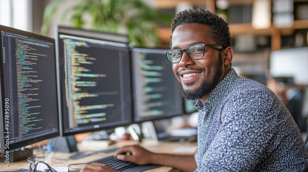 © ЮРИЙ ПОЗДНИКОВ - Young black programmer smiling while working on computer code in office