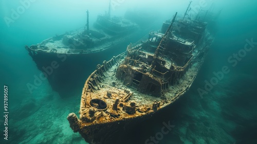 Sunken Shipwrecks in Deep Ocean Waters - Eerie, sunken shipwrecks lie undisturbed on the ocean floor, shrouded in deep, mysterious waters, evoking tales of the lost and forgotten.