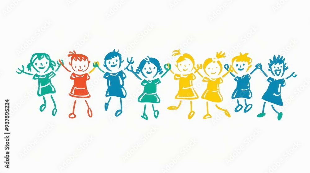 Fototapeta premium A vibrant scene with kids leaping joyfully, showcasing carefree fun in a whimsical handdrawn style on bright white canvas.