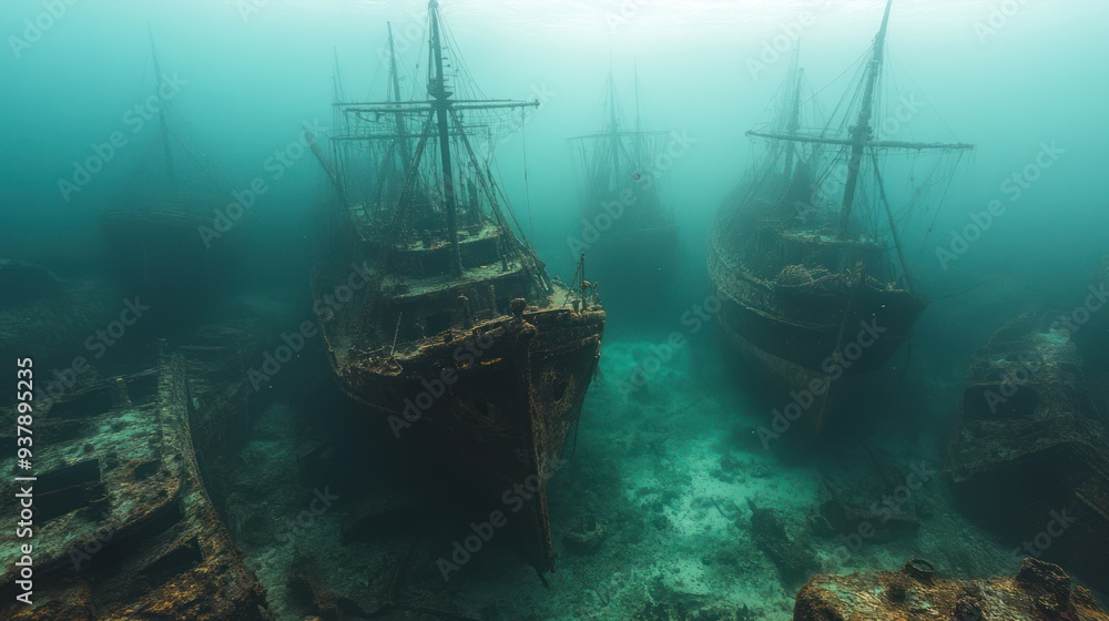 Sunken Shipwrecks in Deep Ocean Waters - Eerie, sunken shipwrecks lie undisturbed on the ocean floor, shrouded in deep, mysterious waters, evoking tales of the lost and forgotten. Sunken Shipwrecks in Deep Ocean Waters - Eerie, sunken shipwrecks lie undisturbed on the ocean floor, shrouded in deep, mysterious waters, evoking tales of the lost and forgotten.