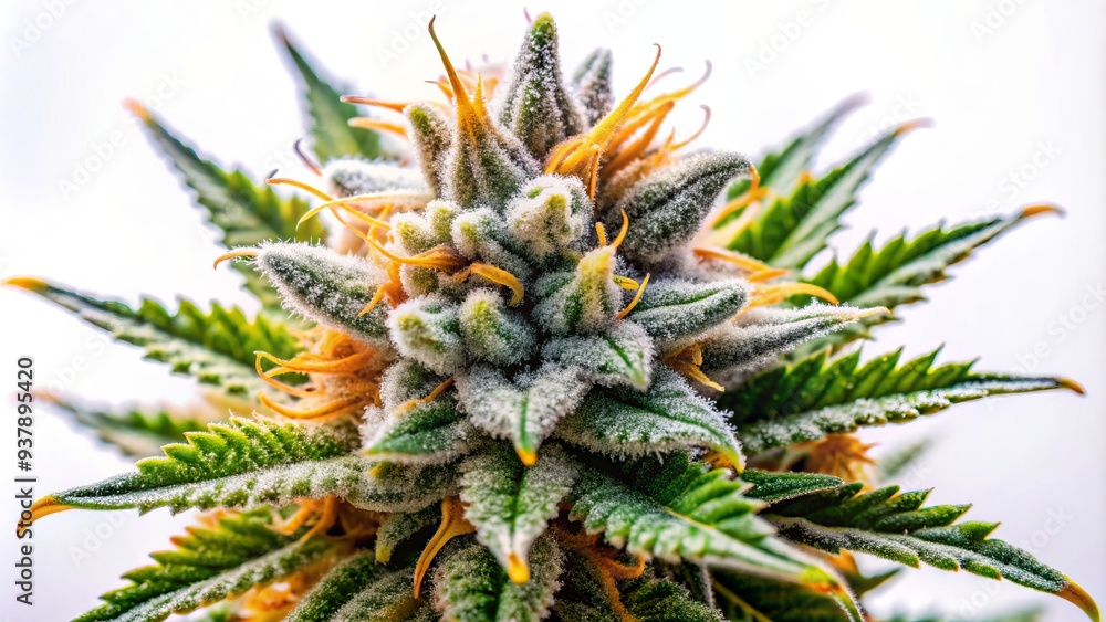 Luminous high-grade marijuana bud, densely packed with sparkling trichomes and feathery hairs, radiates potent allure, isolated on a crisp white background, exuding majestic quality. Luminous high-grade marijuana bud, densely packed with sparkling trichomes and feathery hairs, radiates potent allure, isolated on a crisp white background, exuding majestic quality.