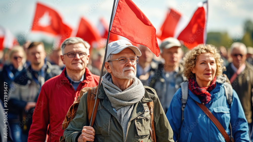 Obraz premium Group of people walking and holding red flags during a protest march