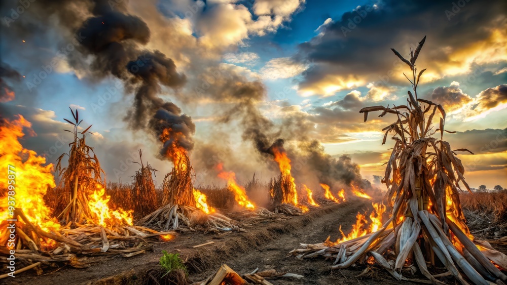 Ablaze piles of dry corn stalks and remnants of weevil-infested crops burn in a smoldering heap, releasing smoke and ash into the rural air. Ablaze piles of dry corn stalks and remnants of weevil-infested crops burn in a smoldering heap, releasing smoke and ash into the rural air.