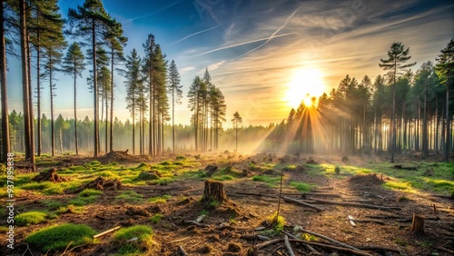 Deforested forest with scattered sunlight in the morning , foliage, trees, stumps, logging photo