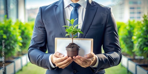 A businessman holds a carbon credit certificate and a small plant, symbolizing sustainable business practices, environmental conservation, and reducing carbon emissions for a greener future. photo