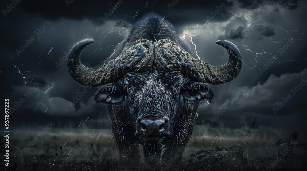 Naklejka premium A dramatic portrait of a buffalo with exaggerated, spiraling horns that twist into intricate patterns