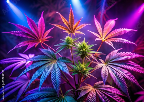 Wallpaper Mural Neon-lit cannabis leaves radiate vibrancy, creating a purple-hued marijuana backdrop......... Torontodigital.ca