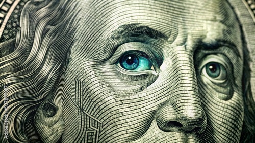 A close-up of a United States one-dollar bill with a futuristic, robotic eye eerily staring back, representing currency and surveillance in a digital age.