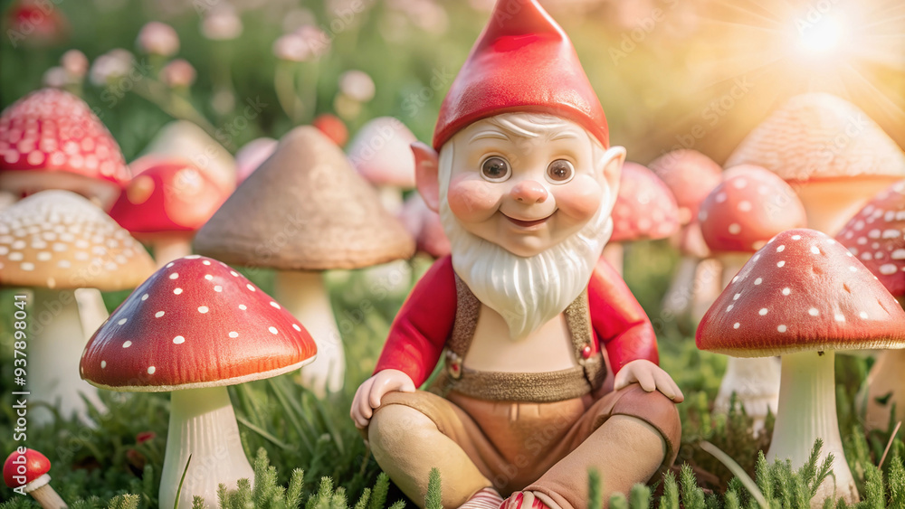 A smiling gnome on a green meadow strewn with fly agarics creates an atmosphere of magic. A smiling gnome on a green meadow strewn with fly agarics creates an atmosphere of magic.