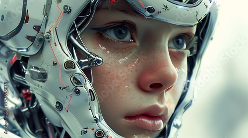 Close-up of a Cyborg Woman with part of her Face covered by a complex technological machine,