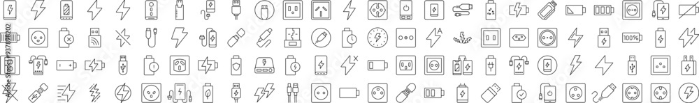 Fototapeta premium Energy Line Icon Bundle. Modern Collection for Design, Web Sites, Apps, Cards. Contains Linear Images of Battery, USB Cable, Charger, Outlet
