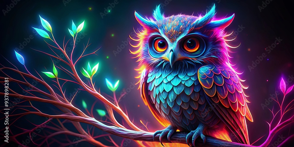 Neon owl perched on branch with glowing feathers and eyes peering into the night , Owl, neon, perched, branch, glowing, feathers Neon owl perched on branch with glowing feathers and eyes peering into the night , Owl, neon, perched, branch, glowing, feathers