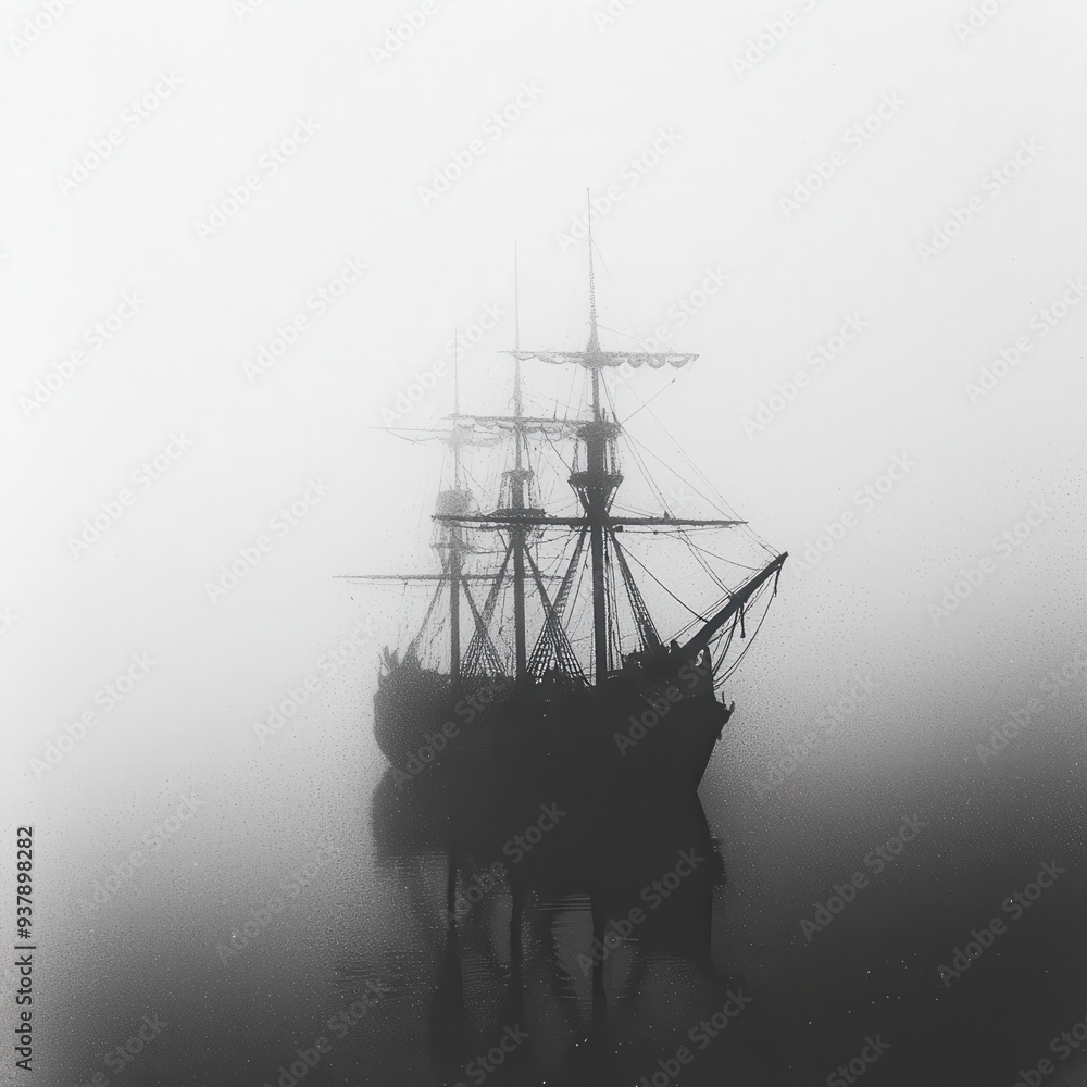 Obraz premium Ship Silhouette in Foggy Sea