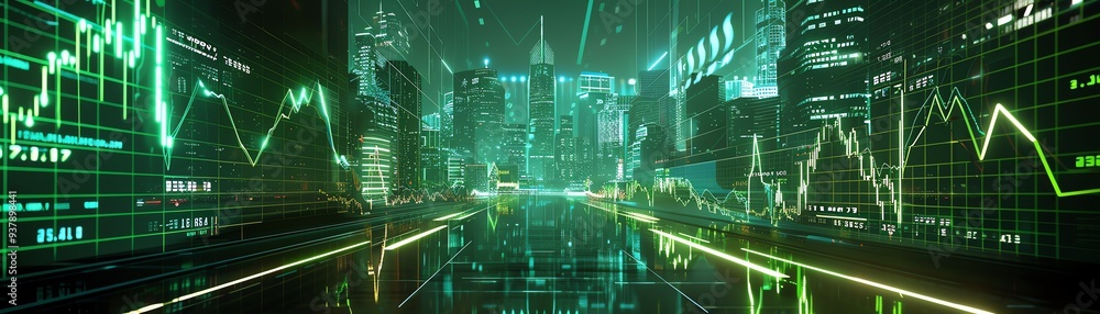 Futuristic cityscape with digital graphs and green neon lights, symbolizing technology and finance in a modern urban environment. Futuristic cityscape with digital graphs and green neon lights, symbolizing technology and finance in a modern urban environment.