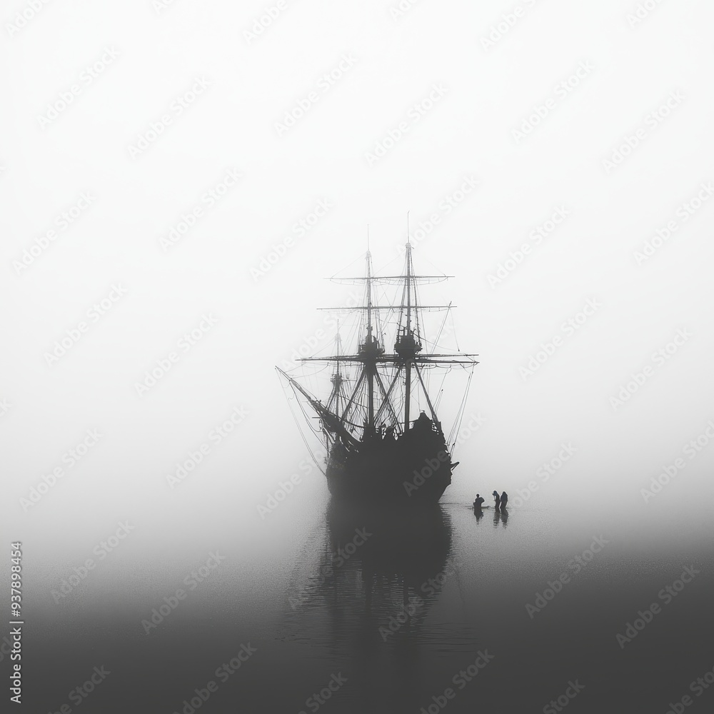 Silhouette of a Ship in Fog Ocean Nautical Seascape Misty Black and White Silhouette of a Ship in Fog Ocean Nautical Seascape Misty Black and White